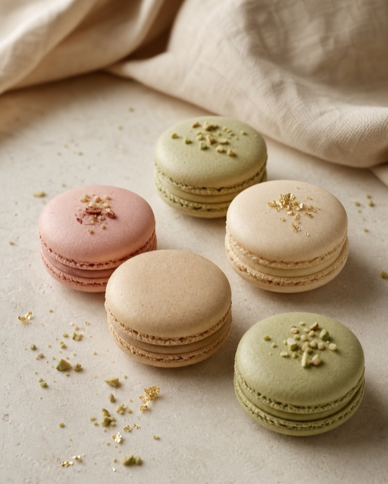 Luxury pistachio, ivory and blush macarons