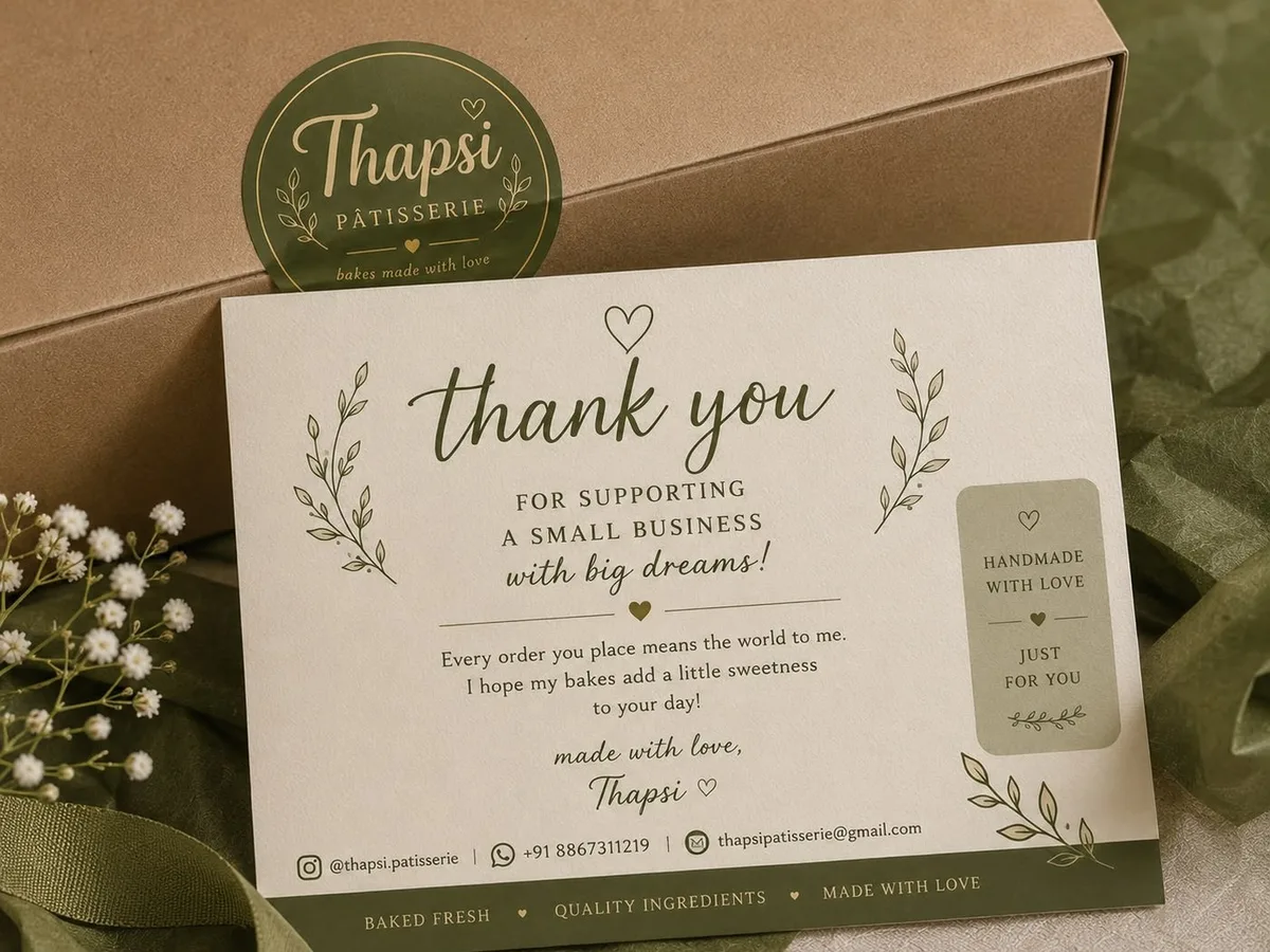 Thapsi Pâtisserie thank-you card prepared for an order