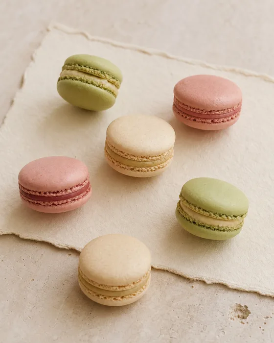 Pistachio, cream and dusty-rose artisan macarons