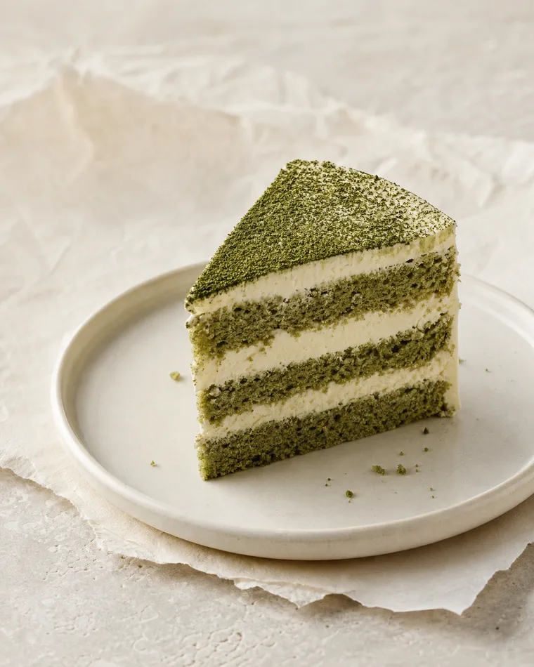 Handmade matcha layer cake with mascarpone cream