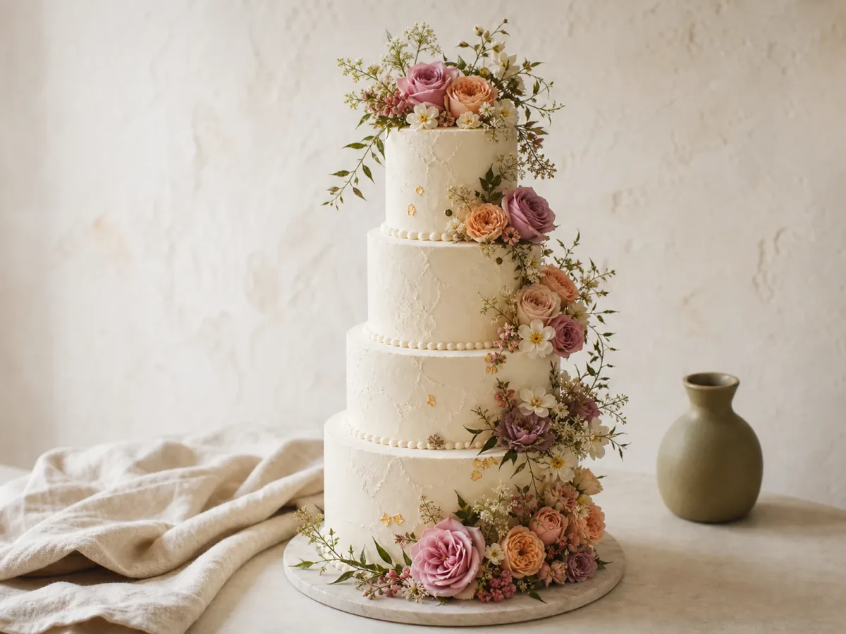 Three-tier wedding cake with white flowers and natural greenery