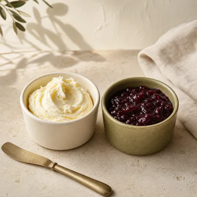 Ramekins of whipped butter and berry jam