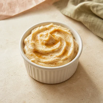 Ramekin of whipped cinnamon honey butter with a subtle golden swirl
