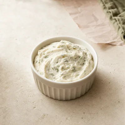 Ramekin of garlic herb cream cheese with visible herb flecks